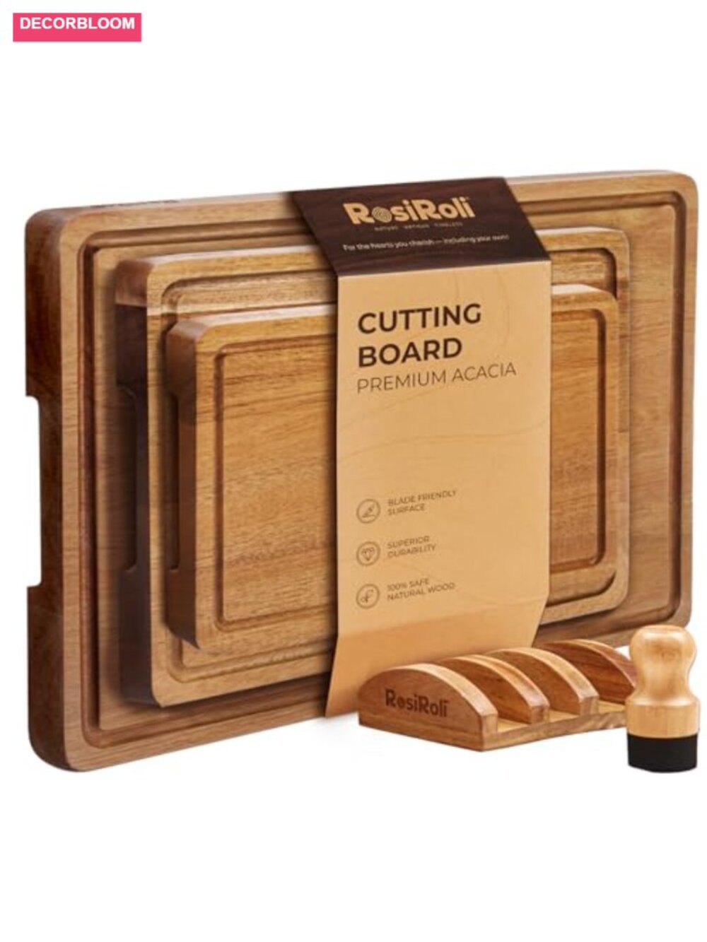 Acacia Wood Cutting Board Set of 3 with Stand Kitchen Prep